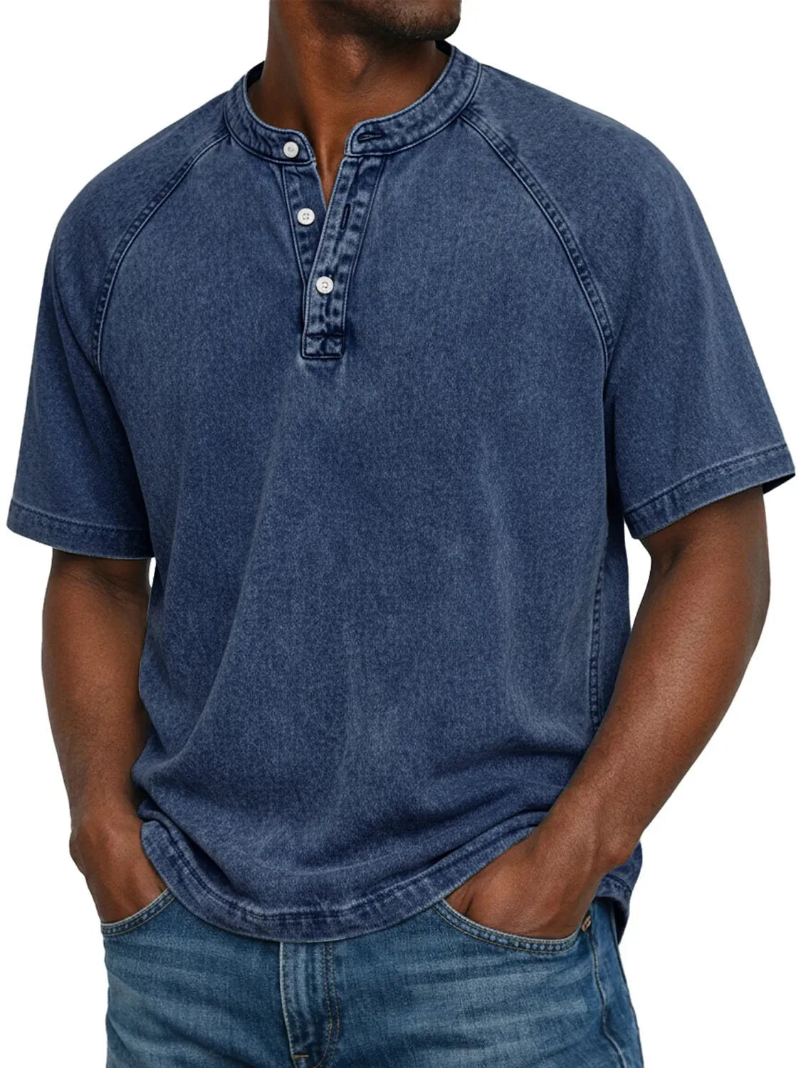 Men's Casual Short Sleeve Henley Neck Top — Navy Blue