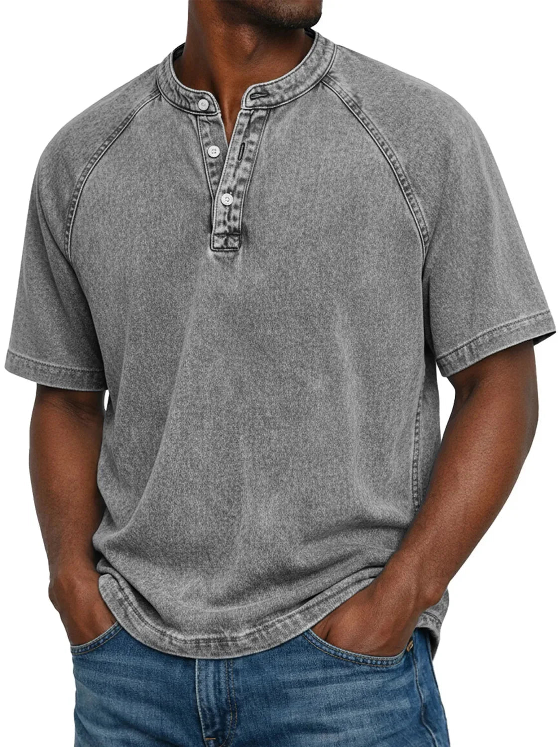 Men's Casual Short Sleeve Henley Neck Top — Grey