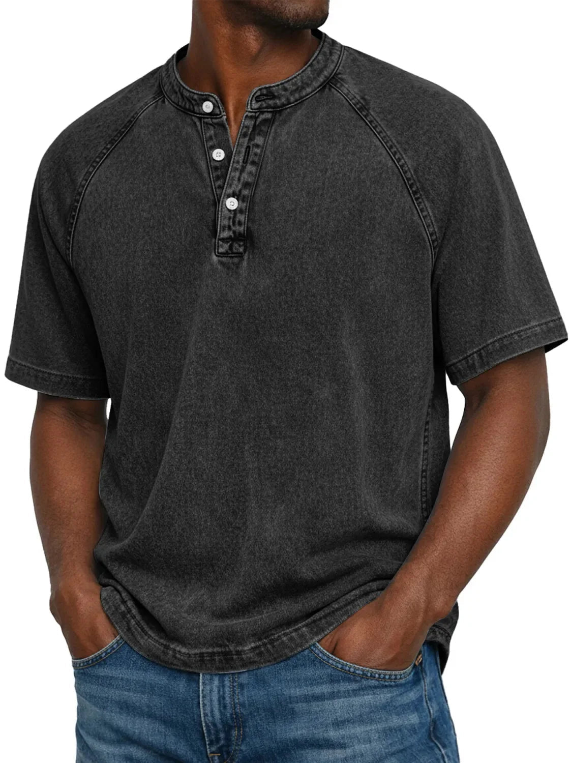 Men's Casual Short Sleeve Henley Neck Top — Black