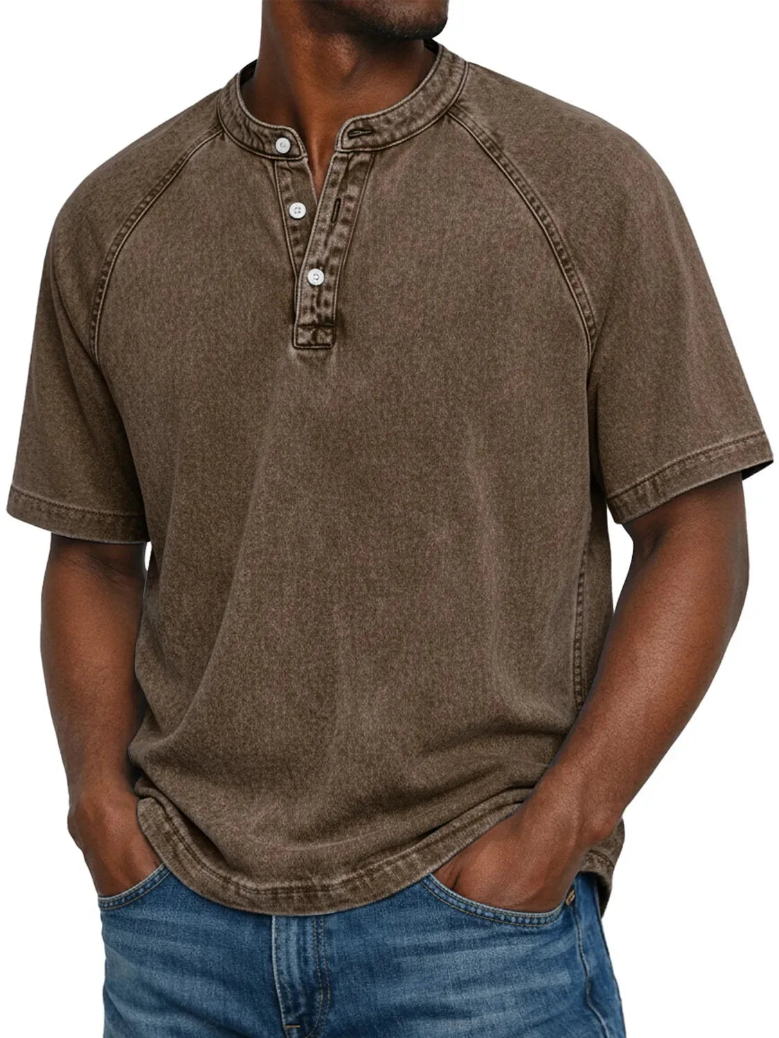 Men's Casual Short Sleeve Henley Neck Top — Brown