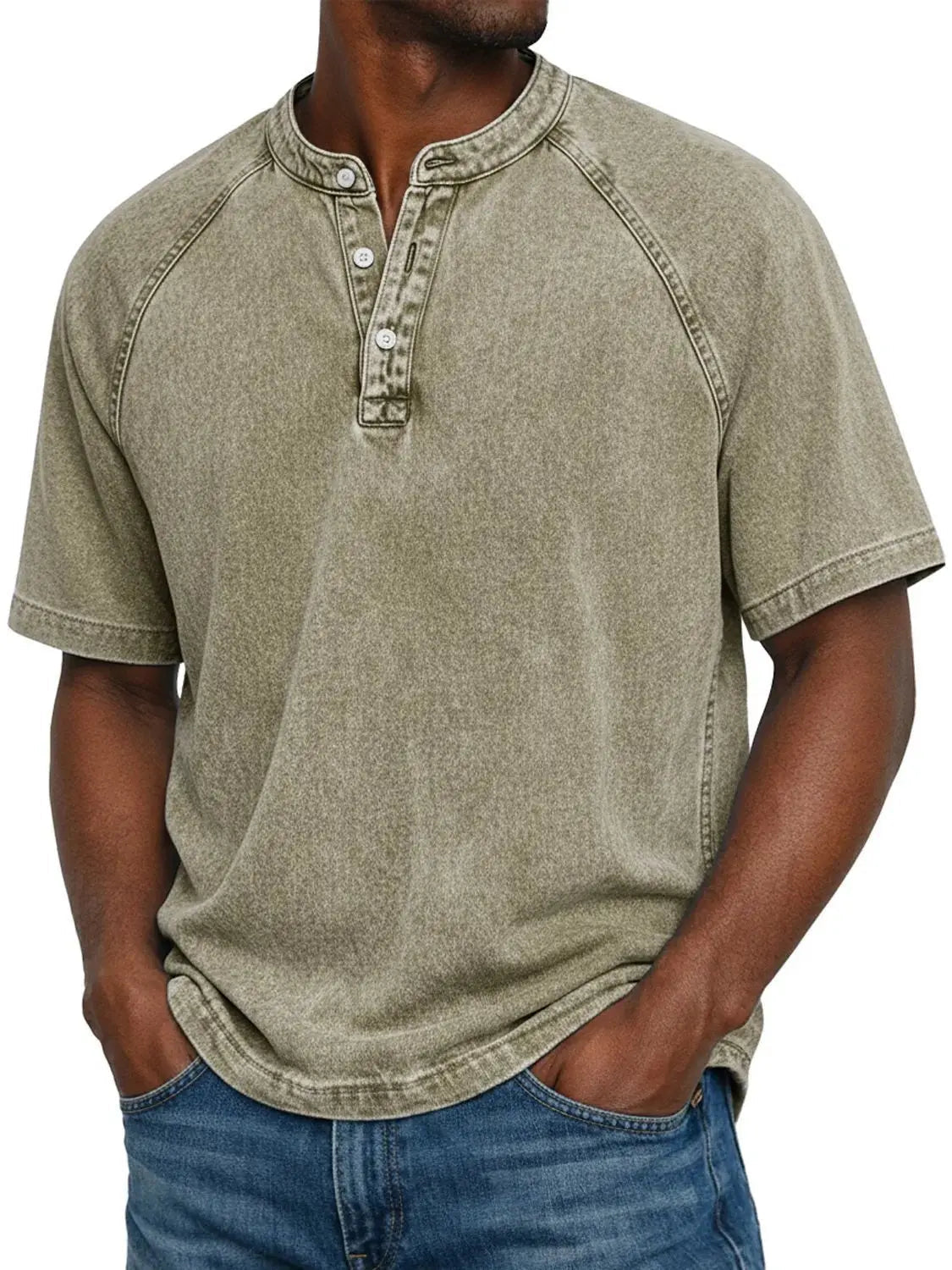 Men's Casual Short Sleeve Henley Neck Top — Khaki
