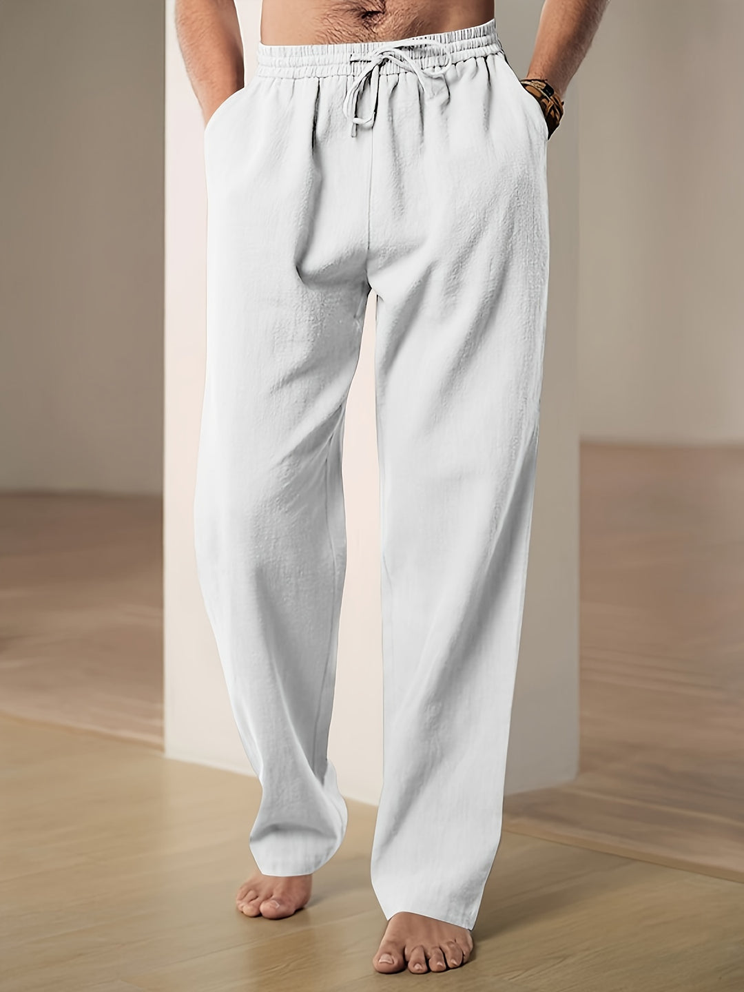 Men's pants with elastic waistband, loose fit — White