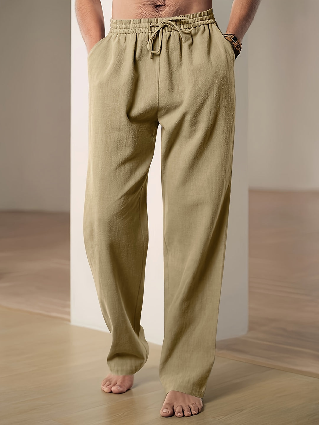 Men's pants with elastic waistband, loose fit — Khaki