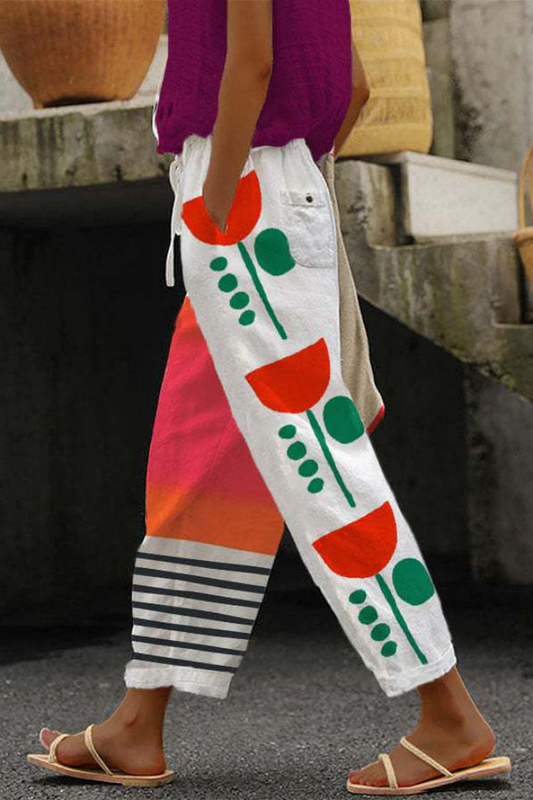 Flowy Patterned Pants — White/Green/Red