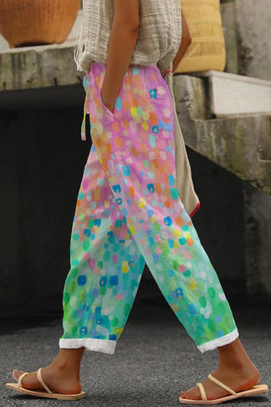 Flowy Patterned Pants — Pink/Green/Blue