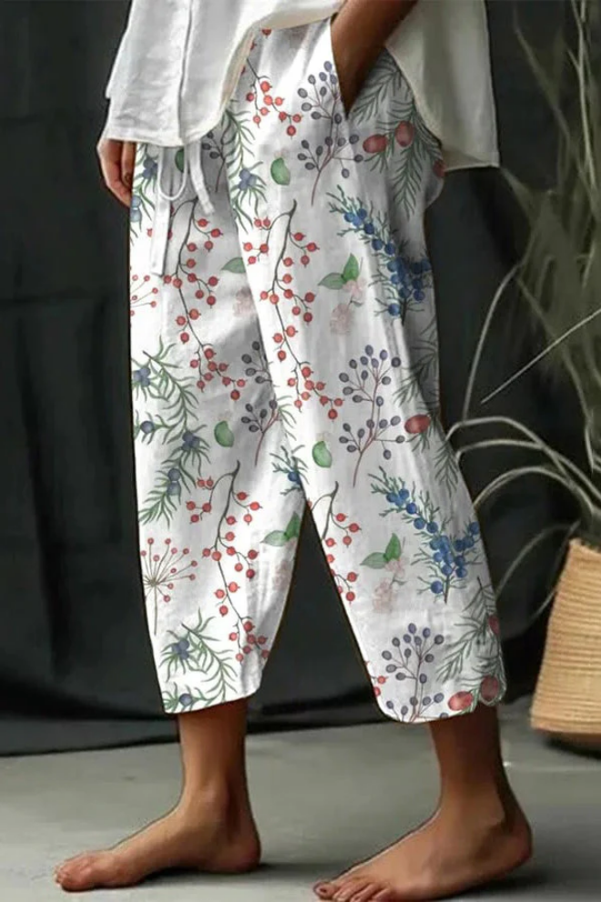 Flowy Patterned Pants — White/Green/Red