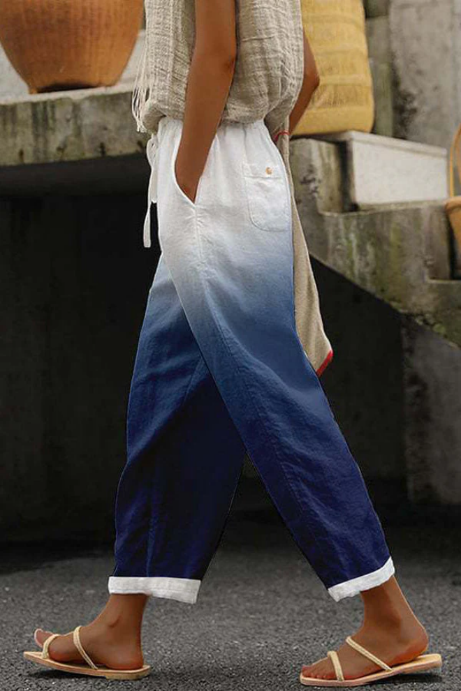 Flowy Patterned Pants — Navy Blue/White