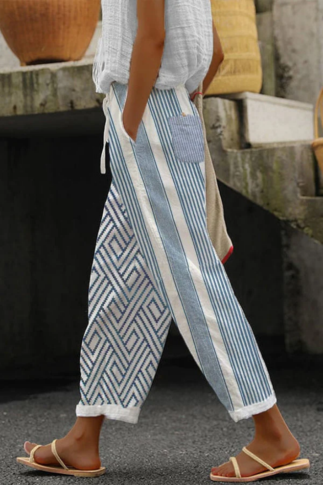 Flowy Patterned Pants — Blue/White