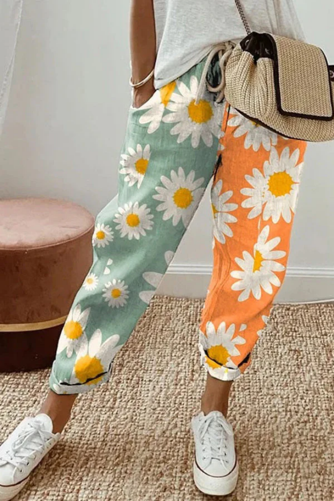 Flowy Patterned Pants — Green/Orange/White