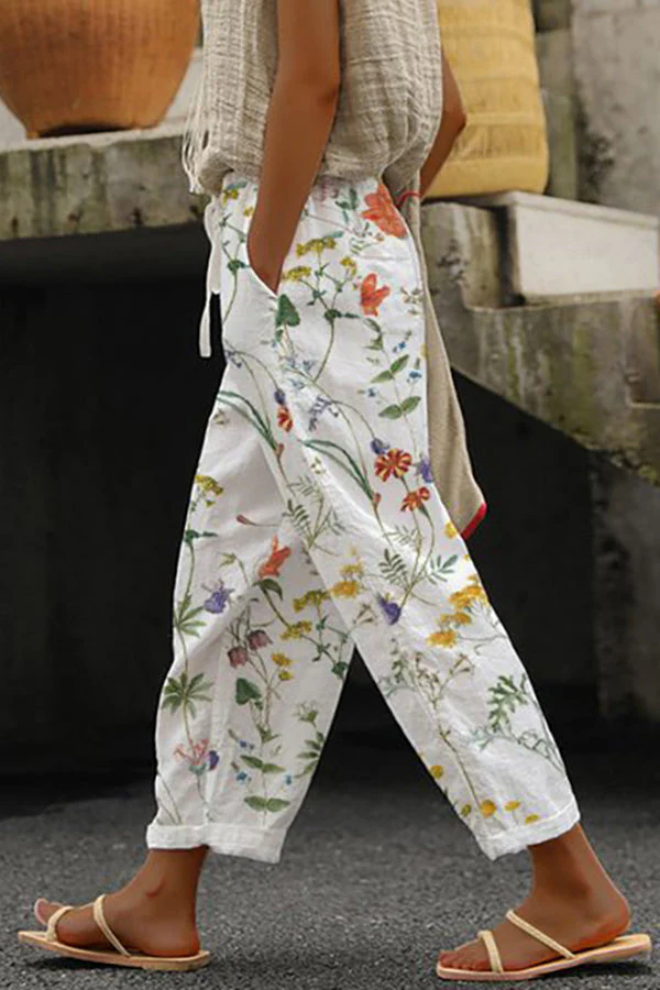 Flowy Patterned Pants — White/Green/Orange