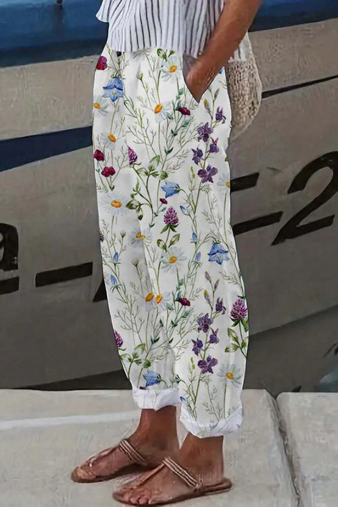 Flowy Patterned Pants — White/Green/Purple