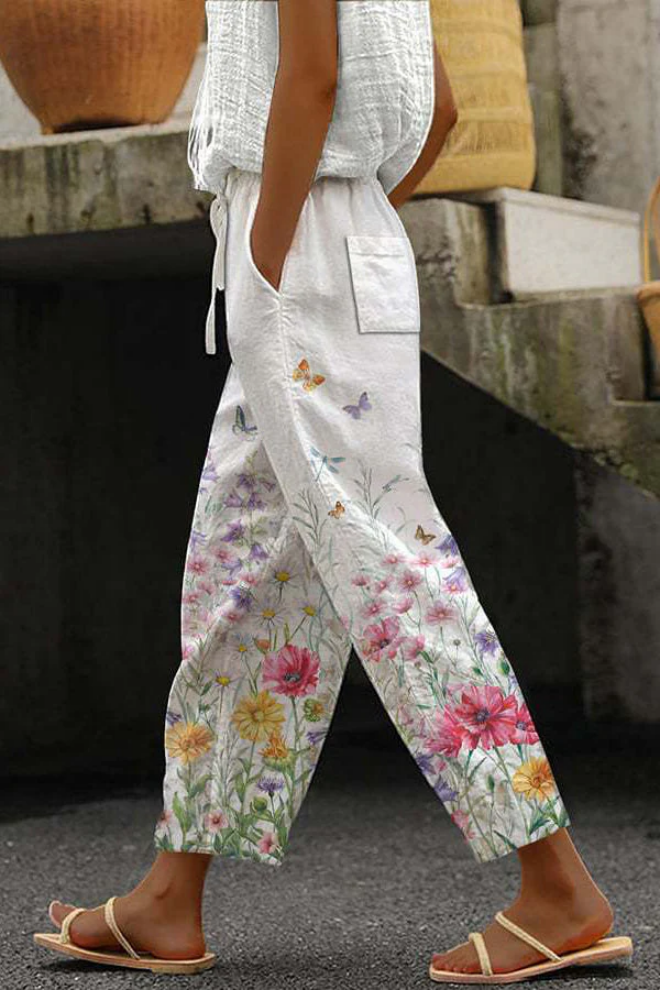 Flowy Patterned Pants — White/Pink/Yellow