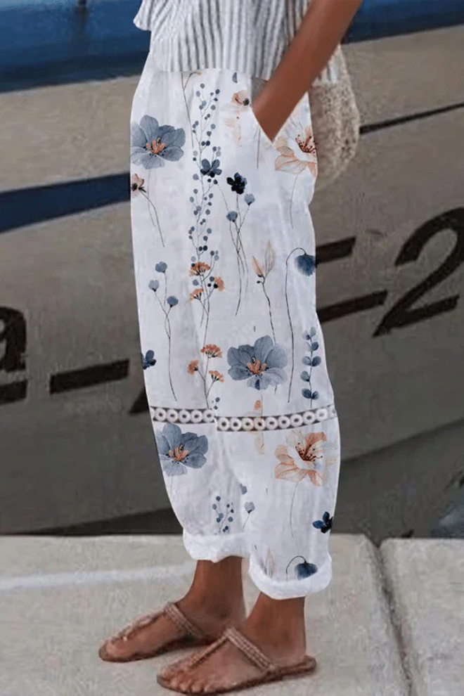 Flowy Patterned Pants — White/Blue/Grey