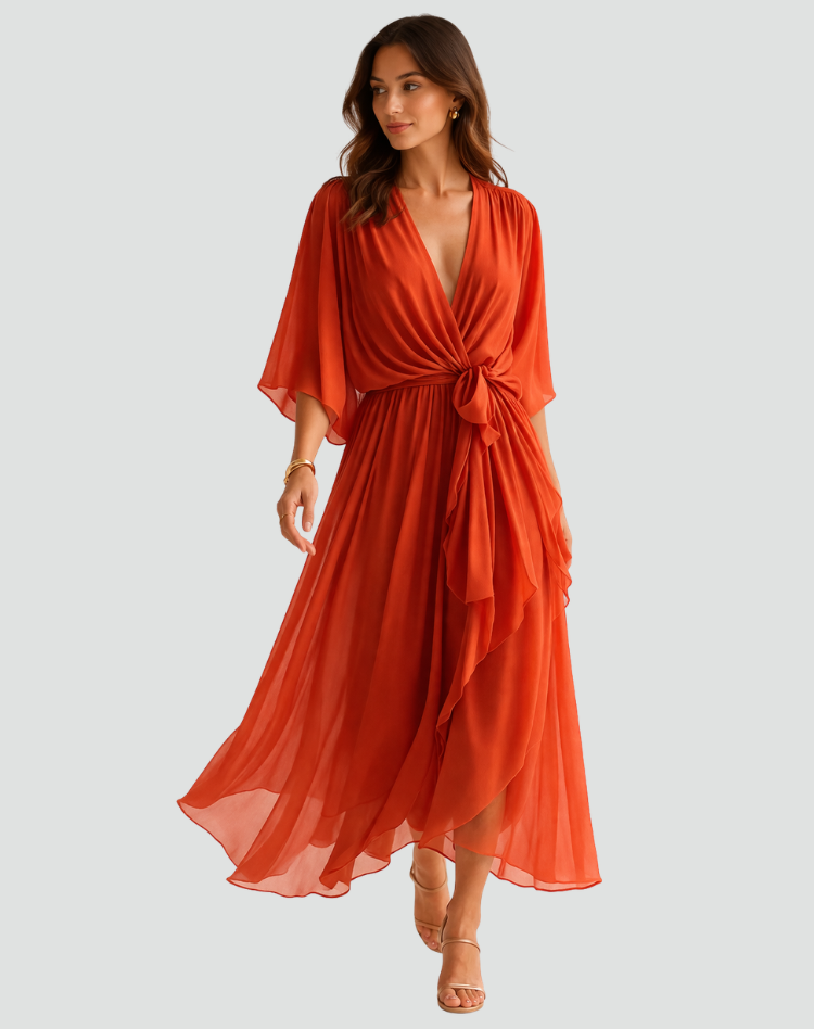 Fluid Midi Dress with Tie Waist — Orange