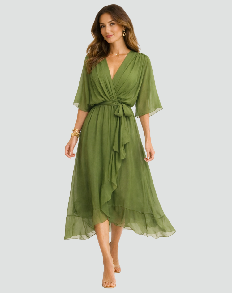 Fluid Midi Dress with Tie Waist — Green