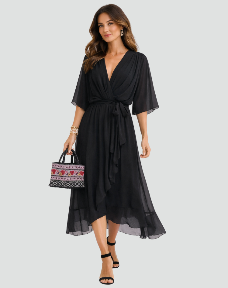 Fluid Midi Dress with Tie Waist — Black