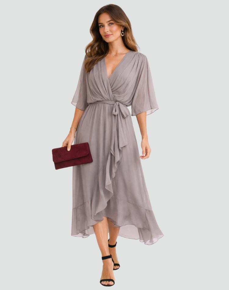 Fluid Midi Dress with Tie Waist — Grey