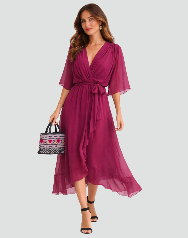 Fluid Midi Dress with Tie Waist — Dark Purple
