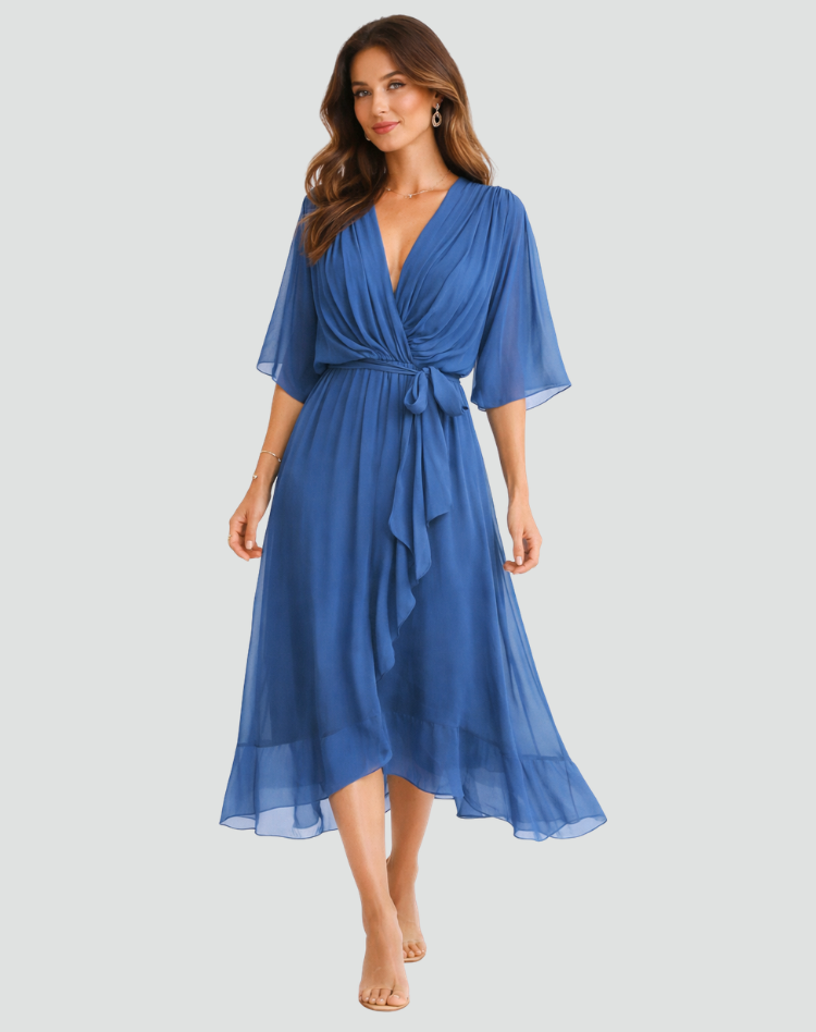 Fluid Midi Dress with Tie Waist — Blue