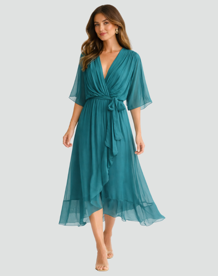 Fluid Midi Dress with Tie Waist — Lake Blue