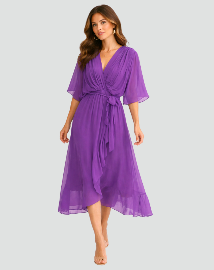Fluid Midi Dress with Tie Waist — Purple