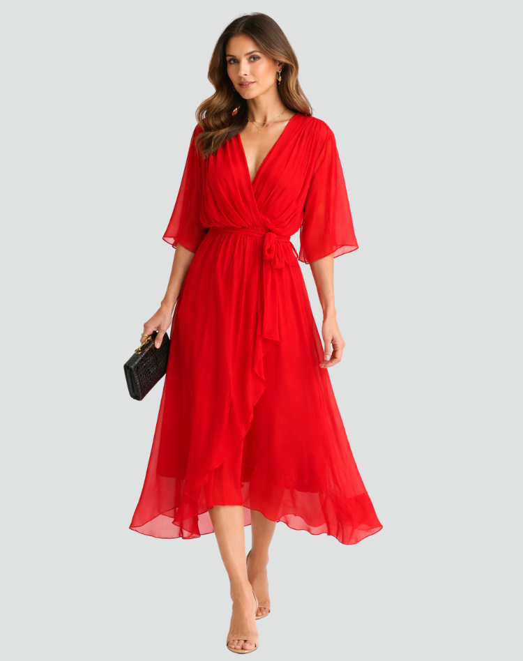 Fluid Midi Dress with Tie Waist — Red