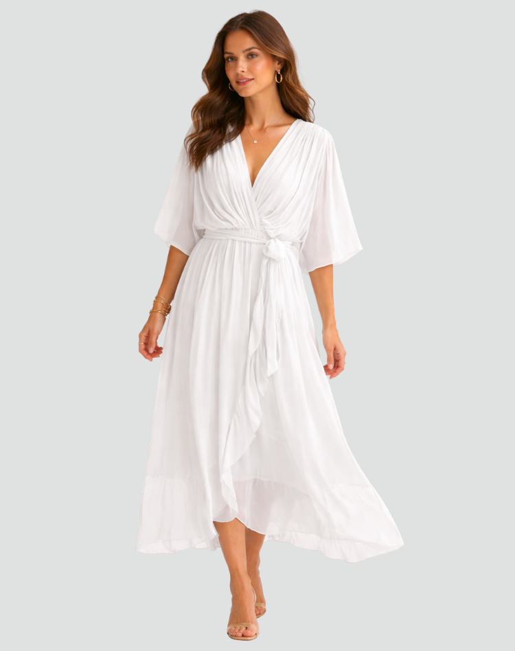 Fluid Midi Dress with Tie Waist — White