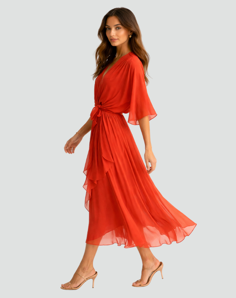Fluid Midi Dress with Tie Waist — Orange