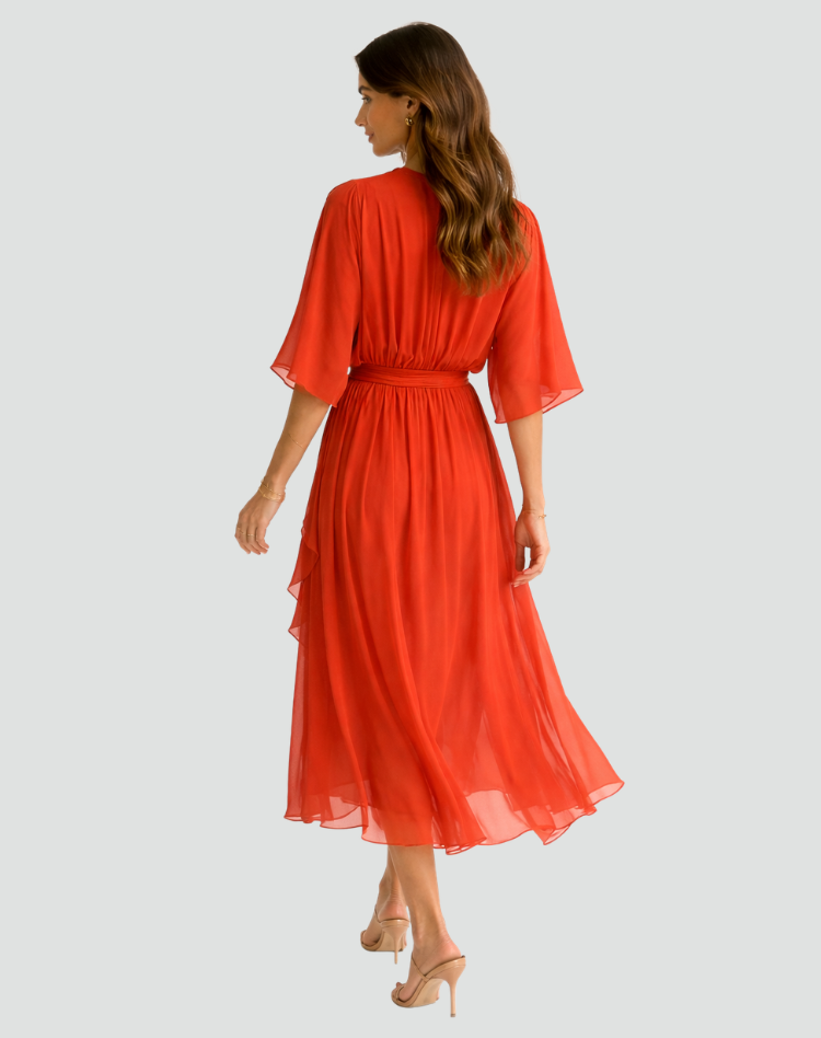 Fluid Midi Dress with Tie Waist — Orange