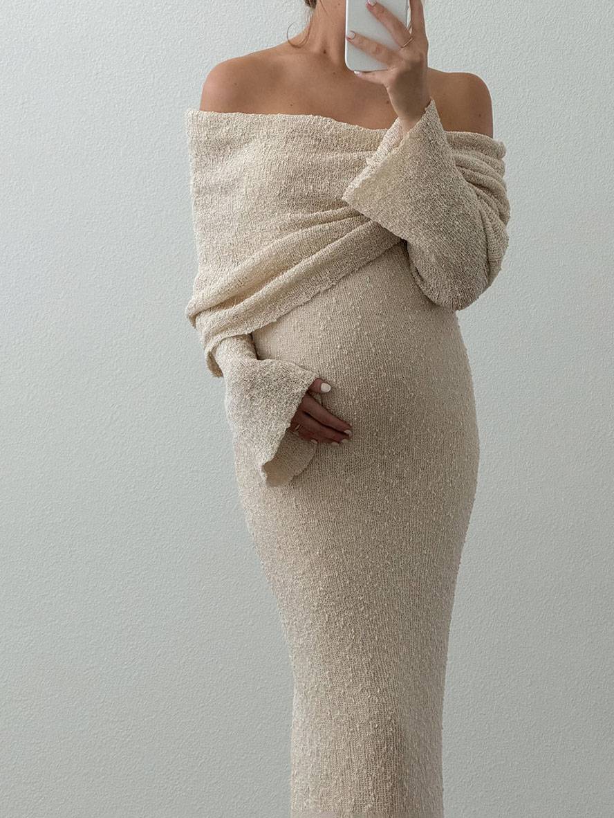 Long Maternity Knit Dress — Apricot