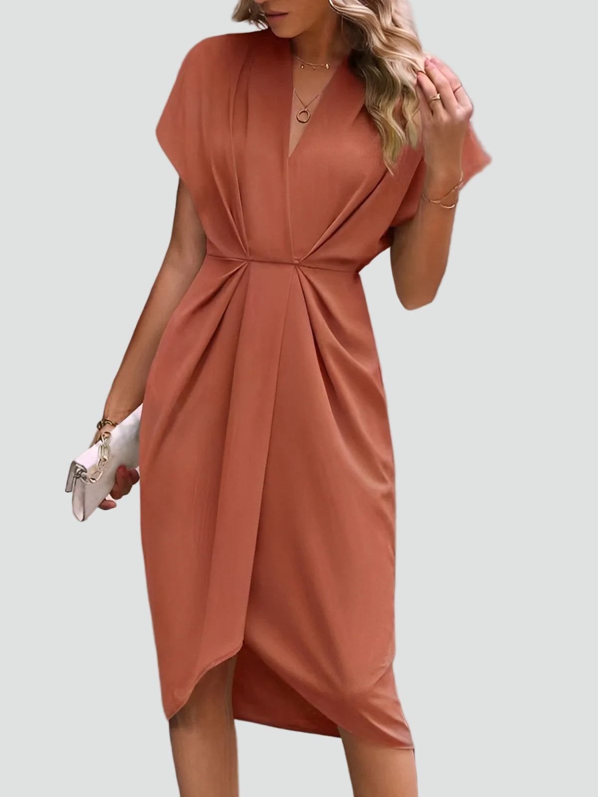 Fitted Midi Cocktail Dress — Coral Red