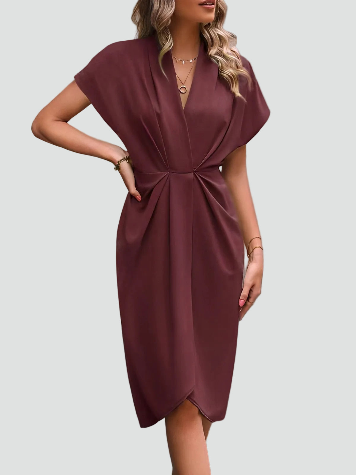 Fitted Midi Cocktail Dress — Burgundy