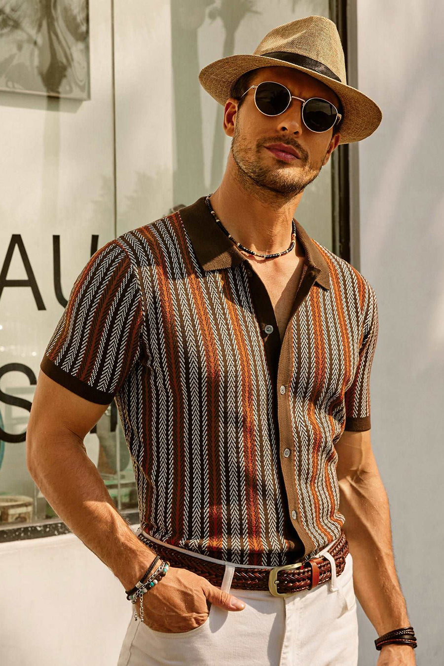 Striped Knit Polo Vintage Style — Brown