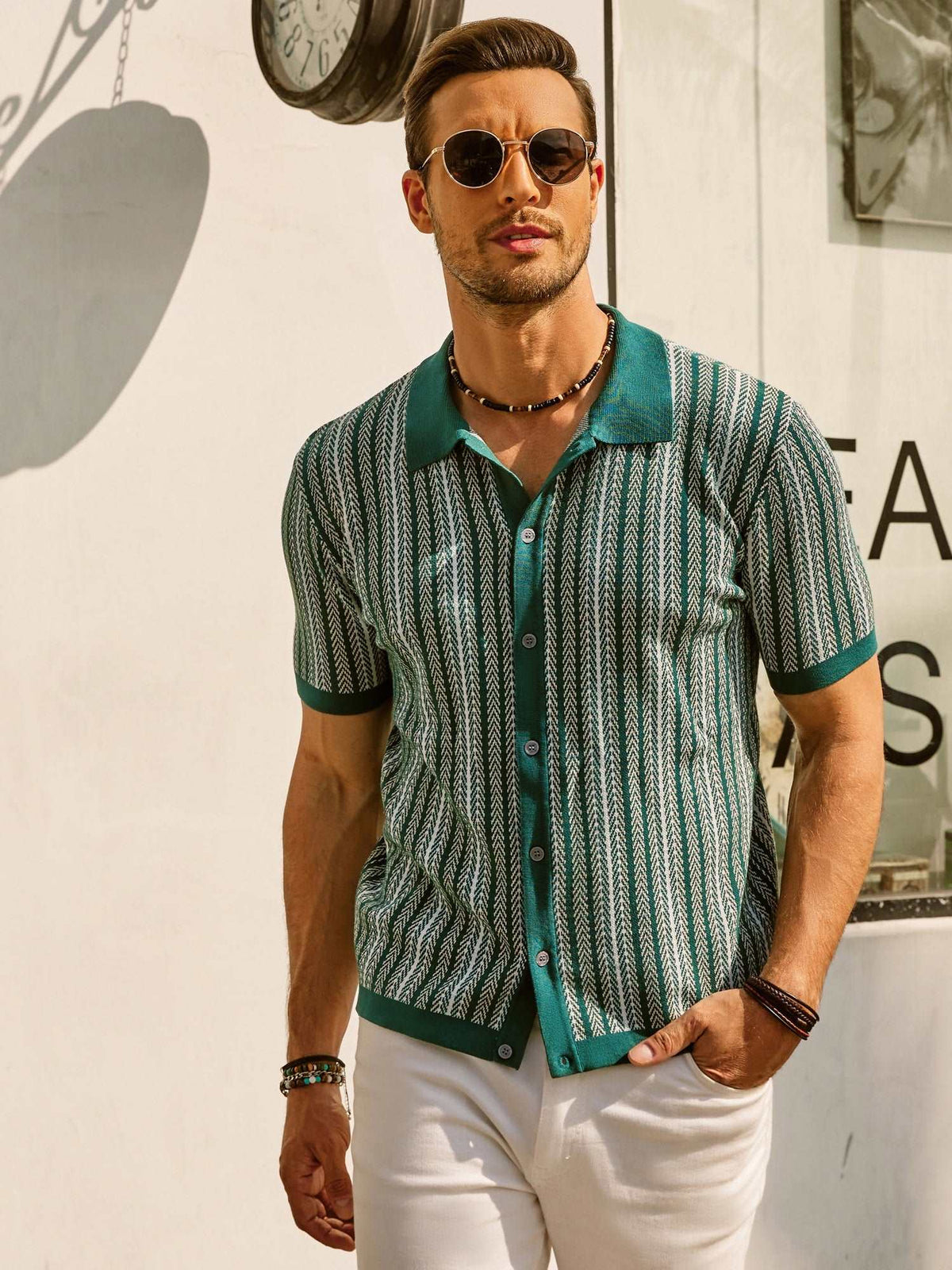 Striped Knit Polo Vintage Style — Green