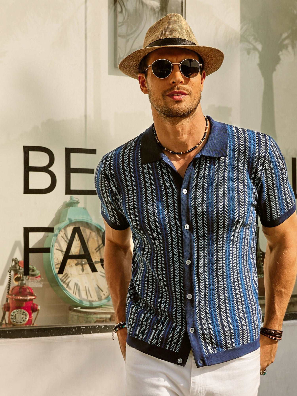 Striped Knit Polo Vintage Style — Blue