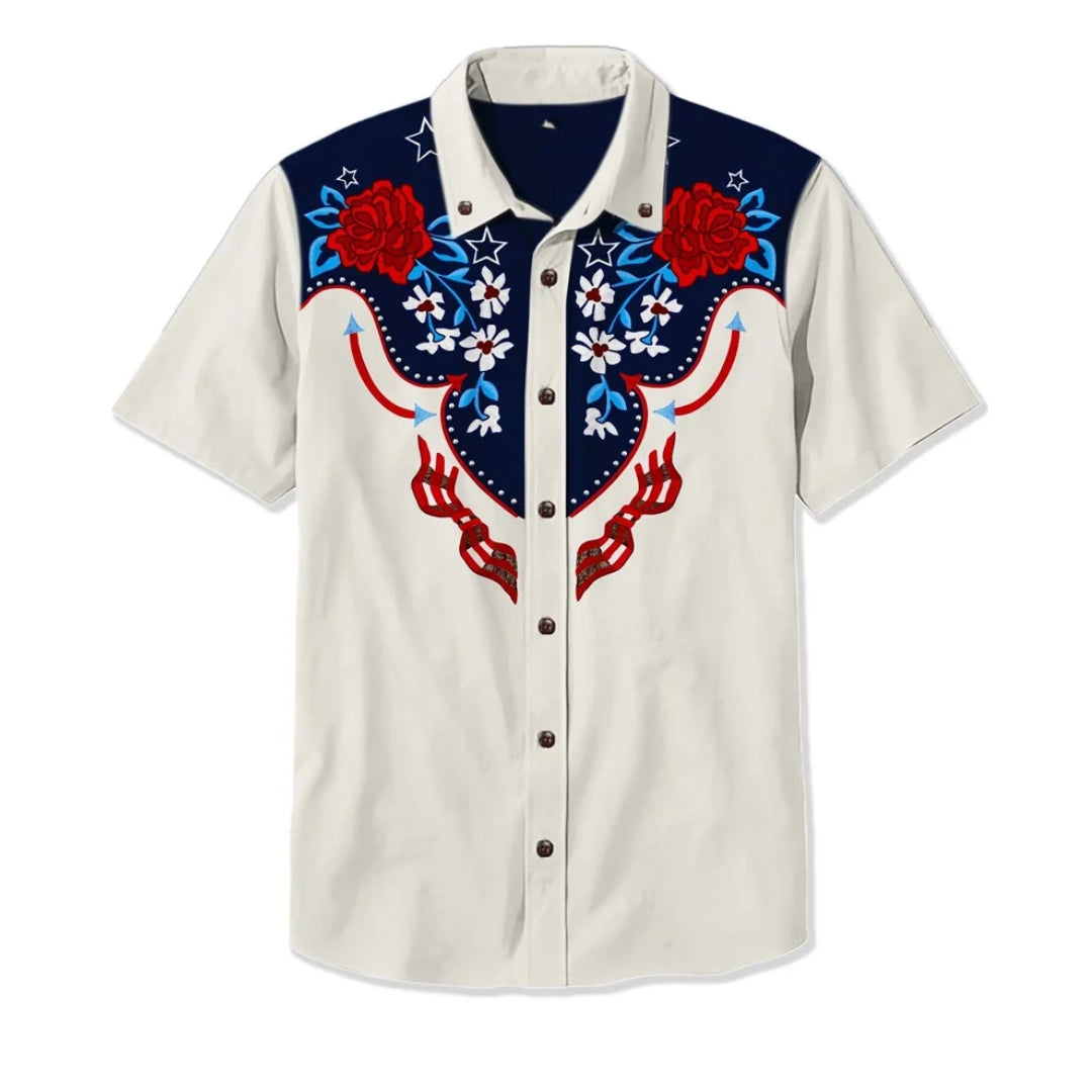 Western Shirt with Embroidered Patterns — White/Navy Blue/Red
