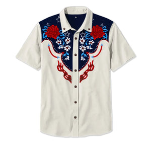 Western Shirt with Embroidered Patterns — White/Navy Blue/Red