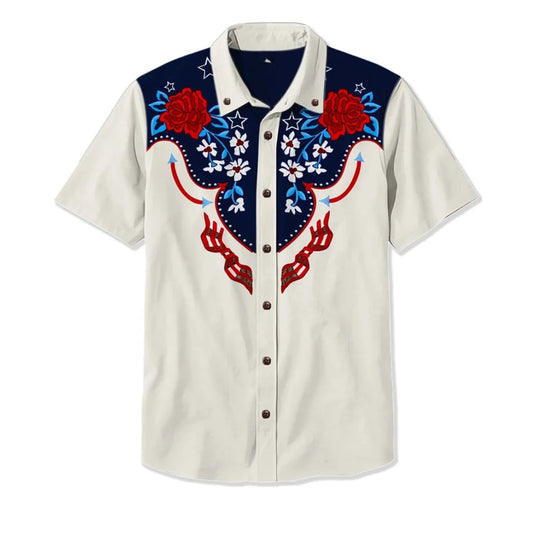 Western Shirt with Embroidered Patterns — White/Navy Blue/Red