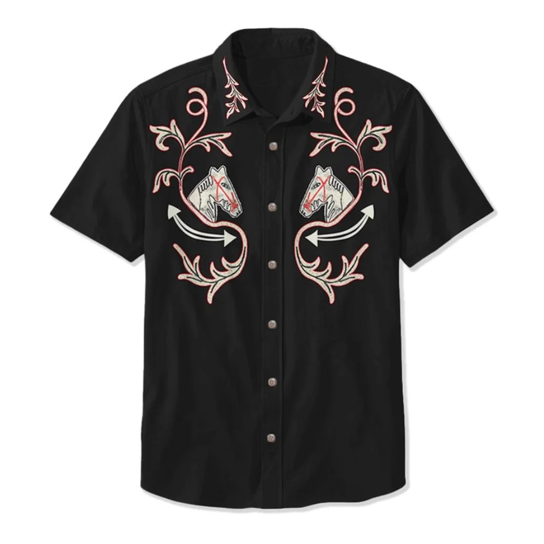 Western Shirt with Embroidered Patterns — Black/Pink