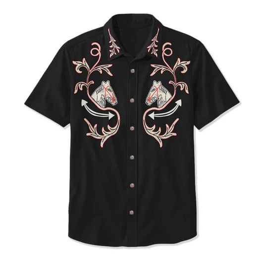 Western Shirt with Embroidered Patterns — Black/Pink