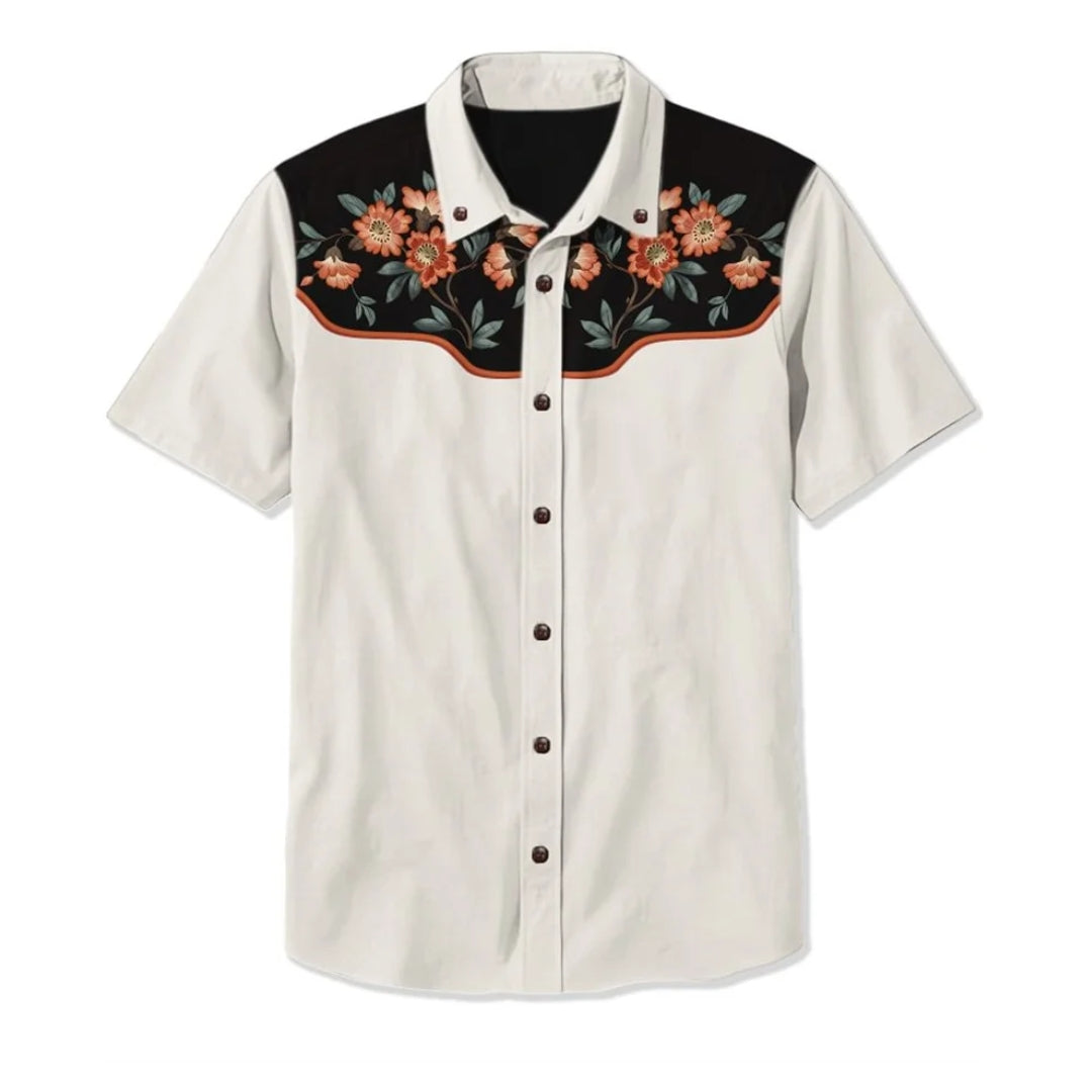 Western Shirt with Embroidered Patterns — White/Black/Orange