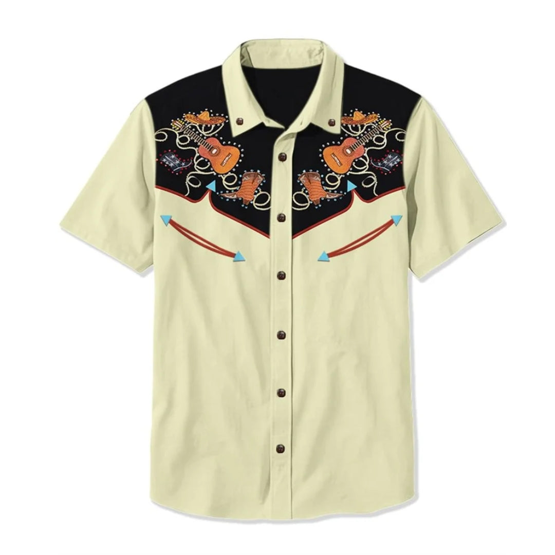 Western Shirt with Embroidered Patterns — Cream/Black/Orange