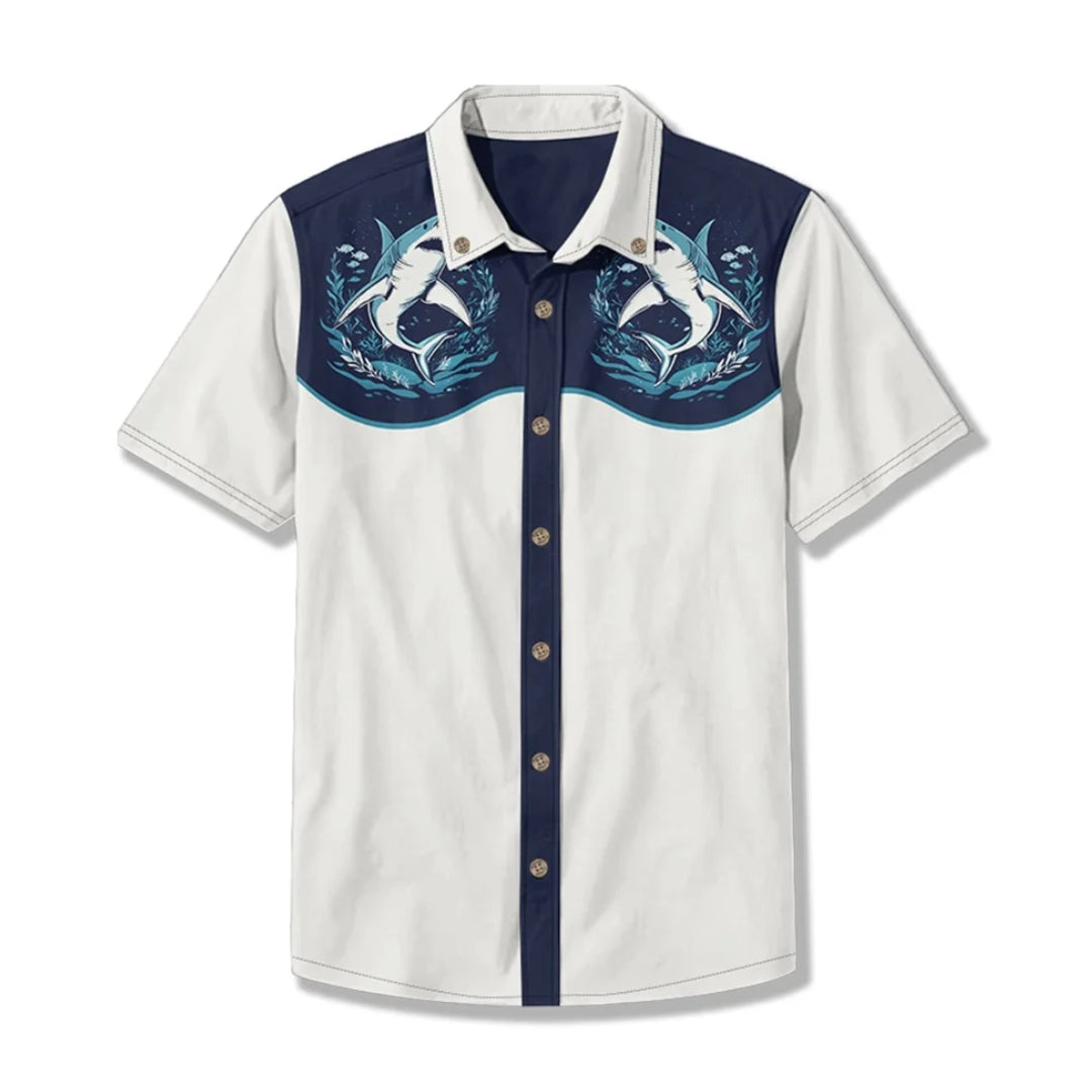 Western Shirt with Embroidered Patterns — White/Navy Blue