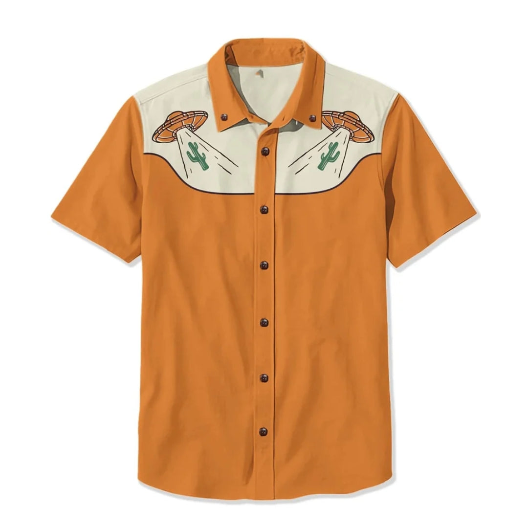 Western Shirt with Embroidered Patterns — Orange/Beige