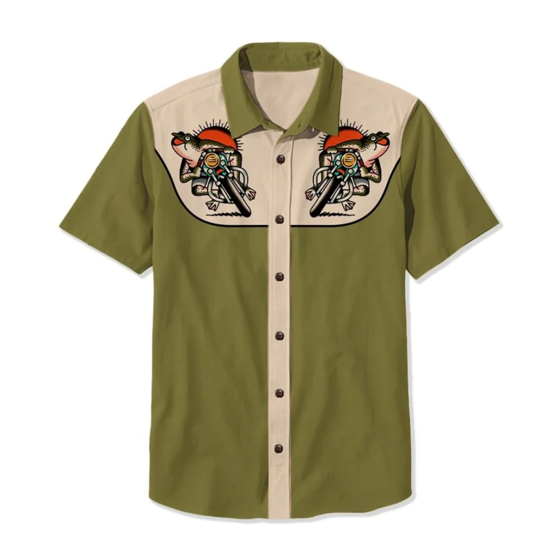 Western Shirt with Embroidered Patterns — Olive Green/Beige/Black