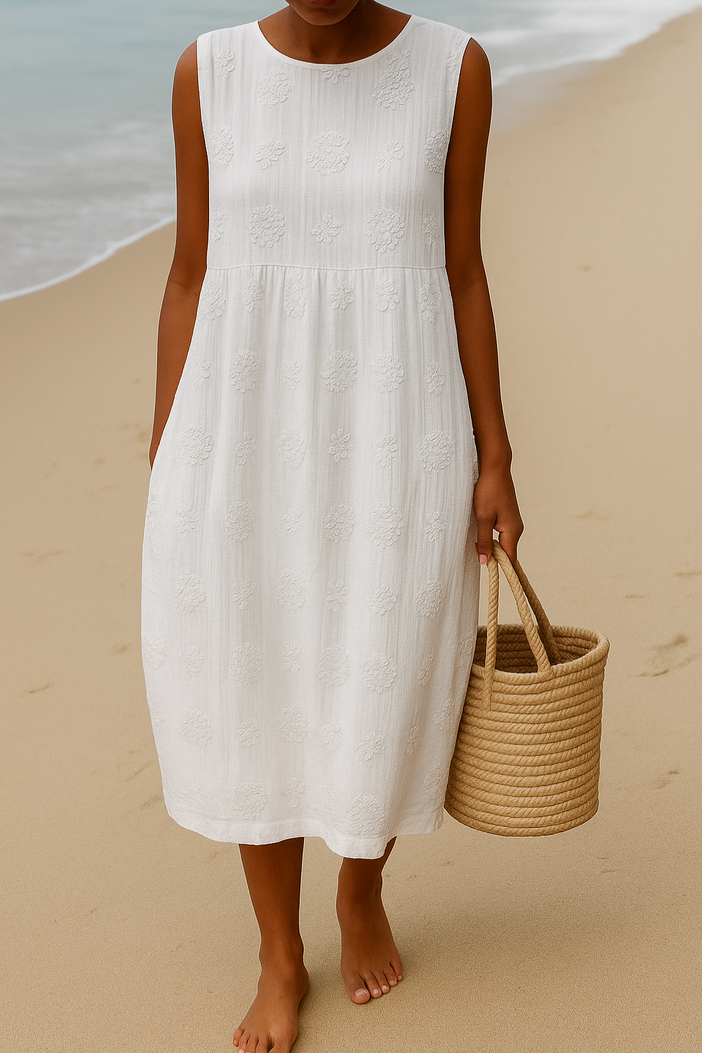 Textured Sleeveless Midi Dress — White