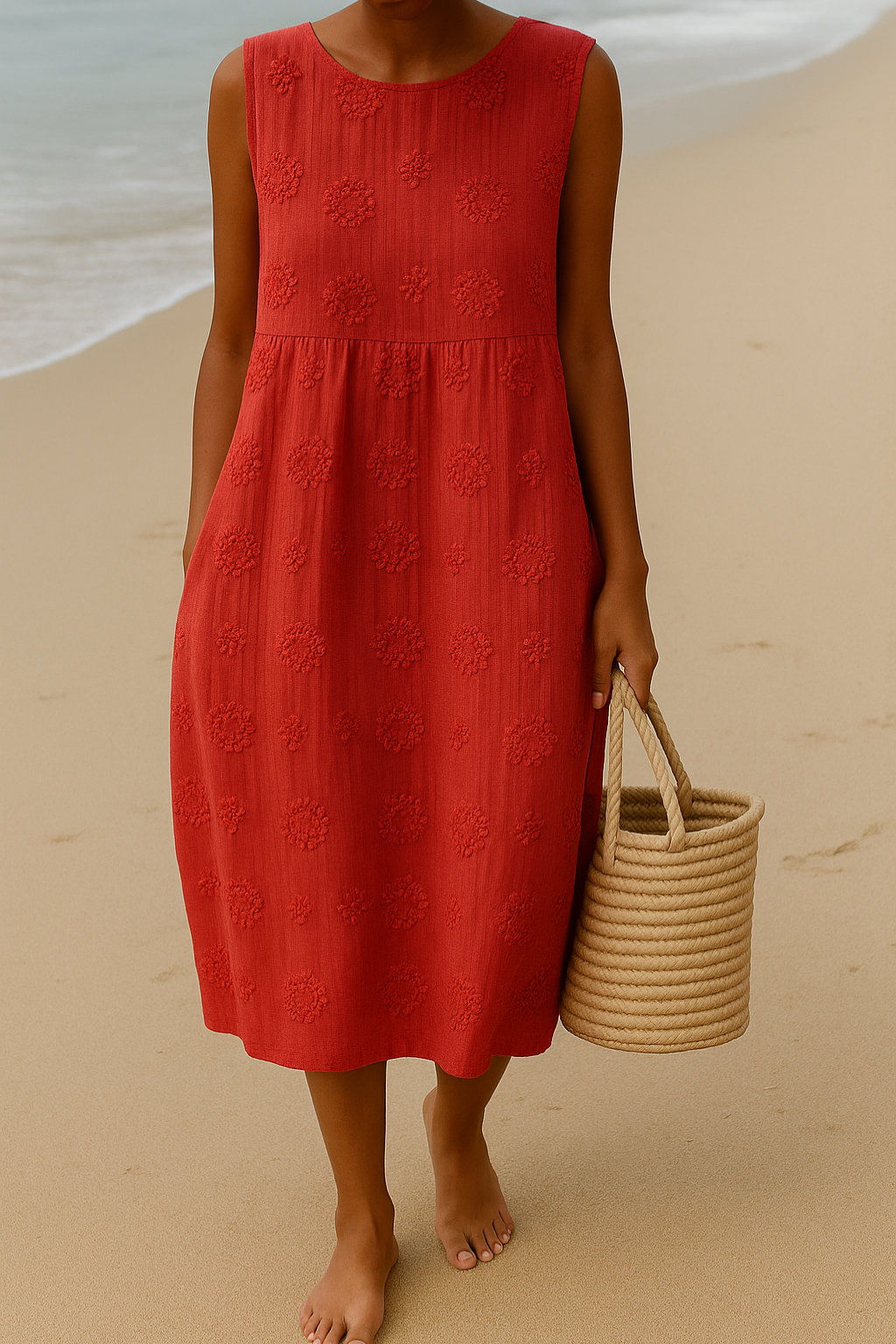 Textured Sleeveless Midi Dress — Red