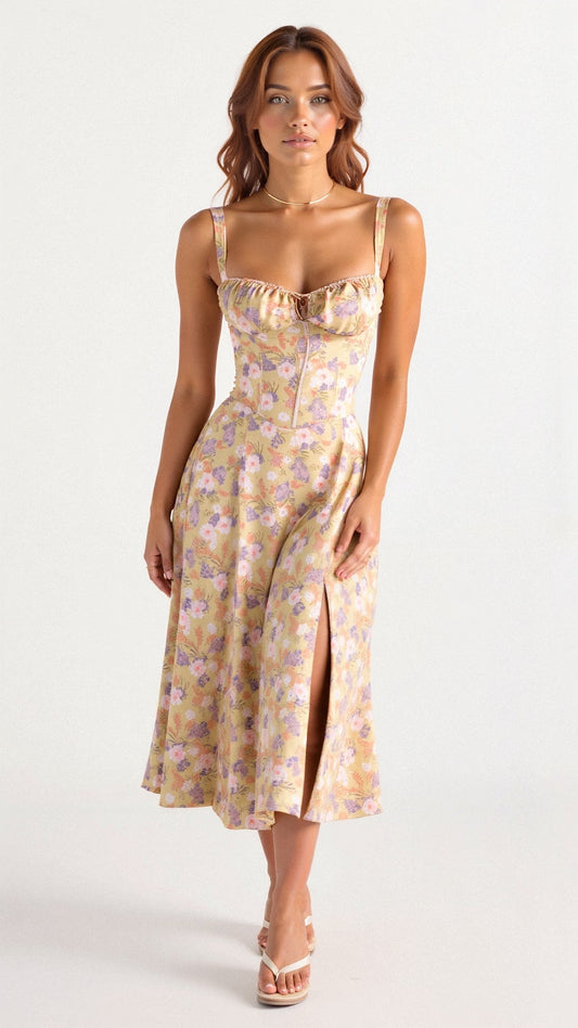 Floral Pattern Midi Corset Dress — Yellow
