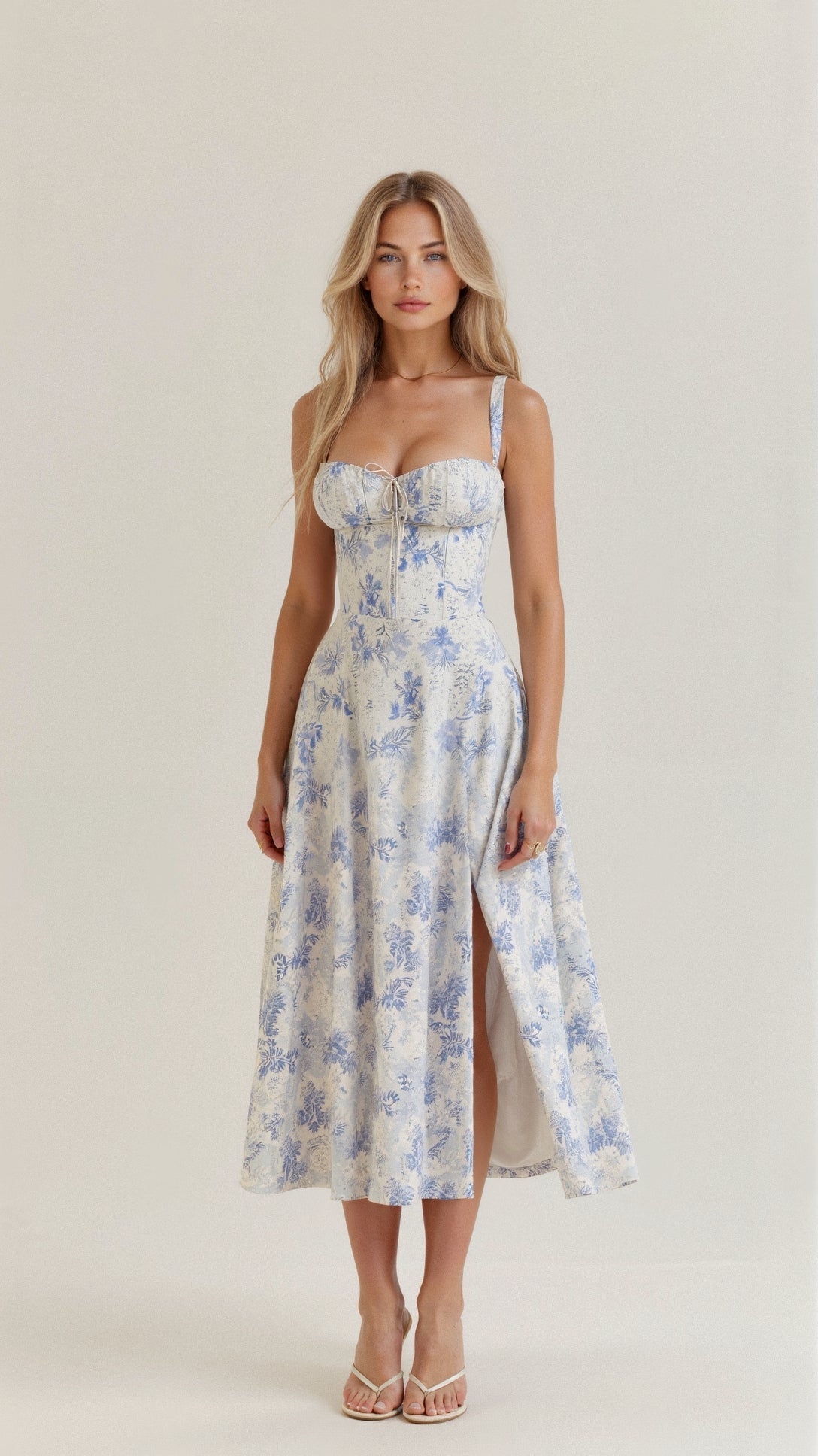 Floral Pattern Midi Corset Dress — Blue