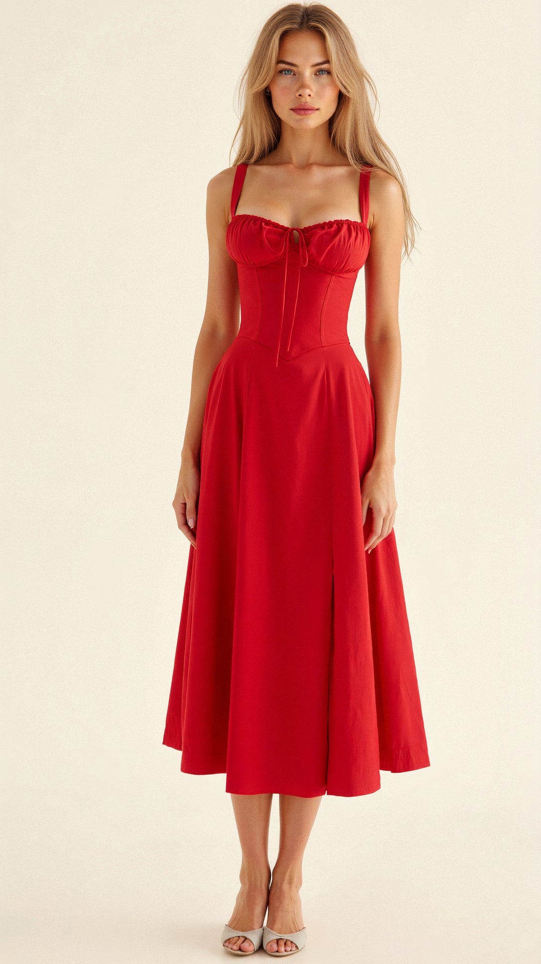 Floral Pattern Midi Corset Dress — Red